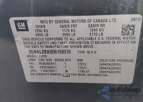 2013 Chevrolet Equinox 1Lt из США, поврежденный, VIN 2GNALDEK8D6158376